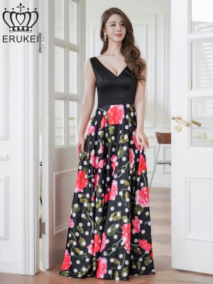 画像5: [送料無料][ERUKEI]ブラック×ピンク・ドット・フラワープリント・切替・スピンドル・Vネック・ノースリーブ・Aライン・ロングドレス[即日発送][大きいサイズあり]