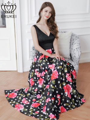 画像6: [送料無料][ERUKEI]ブラック×ピンク・ドット・フラワープリント・切替・スピンドル・Vネック・ノースリーブ・Aライン・ロングドレス[即日発送][大きいサイズあり]