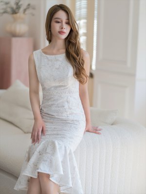 画像6: [送料無料][ERUKEI]ホワイト・シンプル・レース・ノースリーブ・マーメイド・タイト・ミディアムドレス・ワンピース[即日発送][大きいサイズあり]