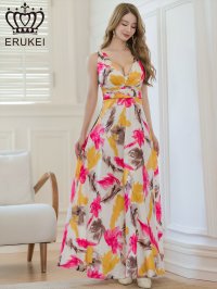 [送料無料][ERUKEI]ホワイト×ピンク・プリント・ペイント柄・サテン・ノースリーブ・Vネック・Aライン・ロングドレス[即日発送][大きいサイズあり]