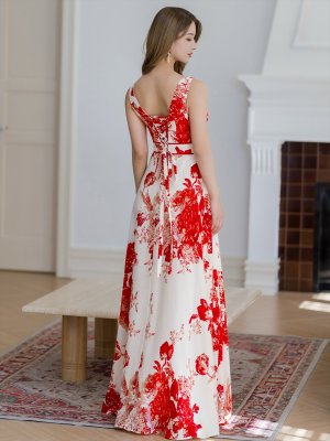 画像3: [送料無料][ERUKEI]ベージュ×レッド・フラワープリント・Aライン・ノースリーブ・ロングドレス[即日発送][大きいサイズあり]