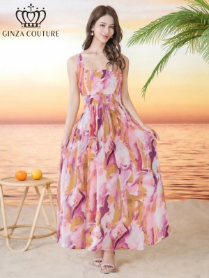 画像1: [送料無料][GINZA COUTURE]ピンク・ペイント柄・プリント・シフォン・スクエアネック・ノースリーブ・Aライン・フレア・マキシ丈・ミディアムドレス・ワンピース[即日発送][大きいサイズあり]