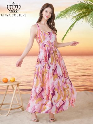 画像2: [送料無料][GINZA COUTURE]ピンク・ペイント柄・プリント・シフォン・スクエアネック・ノースリーブ・Aライン・フレア・マキシ丈・ミディアムドレス・ワンピース[即日発送][大きいサイズあり]