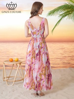 画像3: [送料無料][GINZA COUTURE]ピンク・ペイント柄・プリント・シフォン・スクエアネック・ノースリーブ・Aライン・フレア・マキシ丈・ミディアムドレス・ワンピース[即日発送][大きいサイズあり]