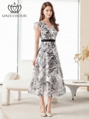 画像2: [送料無料][GINZA COUTURE]ブラック・ネイビー・トワルドジュイ・プリント・Vネック・フリルスリーブ・切替・Aライン・フレア・ミディアムドレス・ワンピース[即日発送][大きいサイズあり]