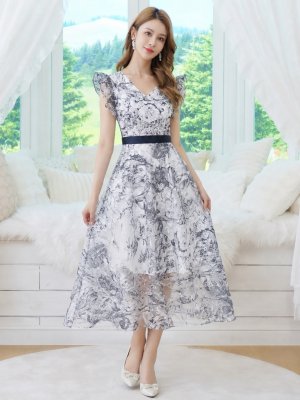 画像7: [送料無料][GINZA COUTURE]ブラック・ネイビー・トワルドジュイ・プリント・Vネック・フリルスリーブ・切替・Aライン・フレア・ミディアムドレス・ワンピース[即日発送][大きいサイズあり]