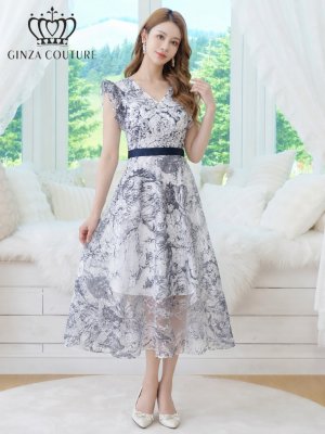 画像8: [送料無料][GINZA COUTURE]ブラック・ネイビー・トワルドジュイ・プリント・Vネック・フリルスリーブ・切替・Aライン・フレア・ミディアムドレス・ワンピース[即日発送][大きいサイズあり]