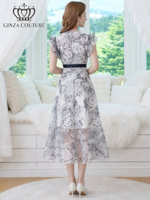 画像9: [送料無料][GINZA COUTURE]ブラック・ネイビー・トワルドジュイ・プリント・Vネック・フリルスリーブ・切替・Aライン・フレア・ミディアムドレス・ワンピース[即日発送][大きいサイズあり]