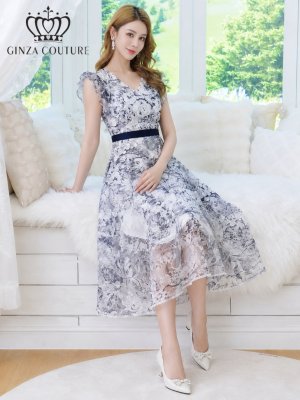 画像12: [送料無料][GINZA COUTURE]ブラック・ネイビー・トワルドジュイ・プリント・Vネック・フリルスリーブ・切替・Aライン・フレア・ミディアムドレス・ワンピース[即日発送][大きいサイズあり]