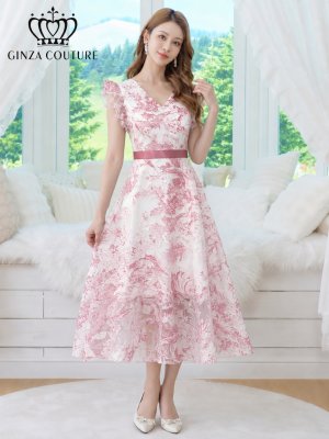 画像1: [送料無料][GINZA COUTURE]ピンク・ブラック・ネイビー・トワルドジュイ・プリント・Vネック・フリルスリーブ・切替・Aライン・フレア・ミディアムドレス・ワンピース[即日発送][大きいサイズあり]