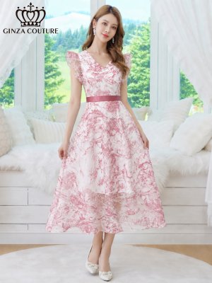画像2: [送料無料][GINZA COUTURE]ピンク・ブラック・ネイビー・トワルドジュイ・プリント・Vネック・フリルスリーブ・切替・Aライン・フレア・ミディアムドレス・ワンピース[即日発送][大きいサイズあり]