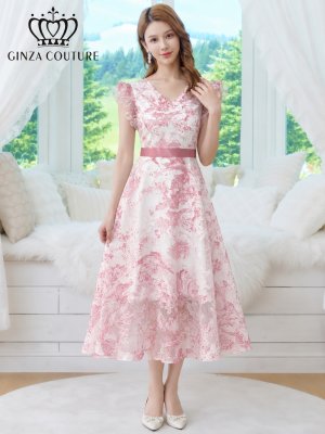 画像5: [送料無料][GINZA COUTURE]ピンク・ブラック・ネイビー・トワルドジュイ・プリント・Vネック・フリルスリーブ・切替・Aライン・フレア・ミディアムドレス・ワンピース[即日発送][大きいサイズあり]