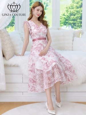 画像6: [送料無料][GINZA COUTURE]ピンク・ブラック・ネイビー・トワルドジュイ・プリント・Vネック・フリルスリーブ・切替・Aライン・フレア・ミディアムドレス・ワンピース[即日発送][大きいサイズあり]