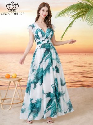 画像2: [送料無料][GINZA COUTURE]ホワイト×グリーン・ペイント柄・プリント・シフォン・ノースリーブ・Vネック・切替・フリル・Aライン・ロングドレス[即日発送][大きいサイズあり]