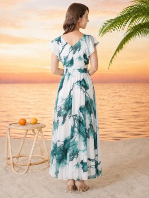 画像3: [送料無料][GINZA COUTURE]ホワイト×グリーン・ペイント柄・プリント・シフォン・ノースリーブ・Vネック・切替・フリル・Aライン・ロングドレス[即日発送][大きいサイズあり]