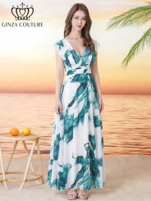 画像5: [送料無料][GINZA COUTURE]ホワイト×グリーン・ペイント柄・プリント・シフォン・ノースリーブ・Vネック・切替・フリル・Aライン・ロングドレス[即日発送][大きいサイズあり]