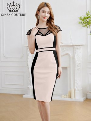 画像1: [送料無料][GINZA COUTURE]ベージュ×ブラック・バイカラー・半袖・レース・Vネック・ひざ丈・タイト・スリット・ミディアムドレス・ワンピース[即日発送][大きいサイズあり]