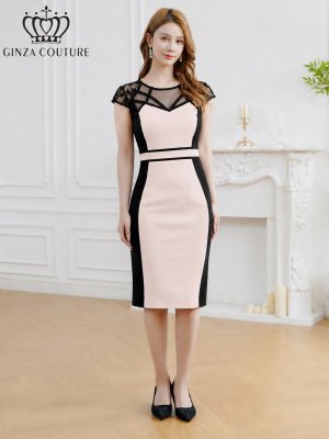 画像5: [送料無料][GINZA COUTURE]ベージュ×ブラック・バイカラー・半袖・レース・Vネック・ひざ丈・タイト・スリット・ミディアムドレス・ワンピース[即日発送][大きいサイズあり]