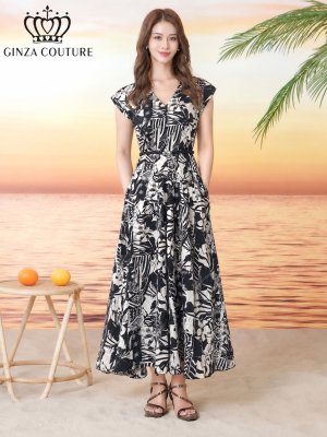 画像1: [送料無料][GINZA COUTURE]ホワイト×ブラック・プリント・ノースリーブ・Vネック・ベルト・フレア・Aライン・ミディアムドレス・ワンピース[即日発送][大きいサイズあり]