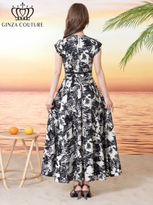 画像3: [送料無料][GINZA COUTURE]ホワイト×ブラック・プリント・ノースリーブ・Vネック・ベルト・フレア・Aライン・ミディアムドレス・ワンピース[即日発送][大きいサイズあり]