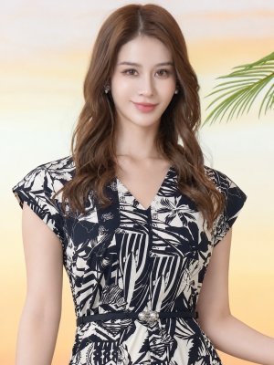 画像4: [送料無料][GINZA COUTURE]ホワイト×ブラック・プリント・ノースリーブ・Vネック・ベルト・フレア・Aライン・ミディアムドレス・ワンピース[即日発送][大きいサイズあり]