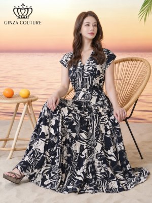 画像6: [送料無料][GINZA COUTURE]ホワイト×ブラック・プリント・ノースリーブ・Vネック・ベルト・フレア・Aライン・ミディアムドレス・ワンピース[即日発送][大きいサイズあり]