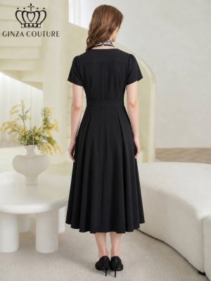 画像3: [送料無料][GINZA COUTURE]ブラック・ワンカラー・シンプル・フレンチスリーブ・スカーフ・前ボタン・リボンベルト・ポケット・Aライン・フレア・ミディアムドレス・ワンピース[即日発送][大きいサイズあり]