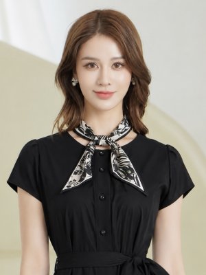 画像4: [送料無料][GINZA COUTURE]ブラック・ワンカラー・シンプル・フレンチスリーブ・スカーフ・前ボタン・リボンベルト・ポケット・Aライン・フレア・ミディアムドレス・ワンピース[即日発送][大きいサイズあり]