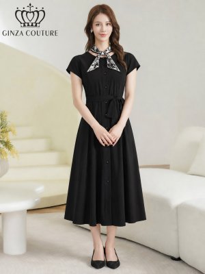 画像5: [送料無料][GINZA COUTURE]ブラック・ワンカラー・シンプル・フレンチスリーブ・スカーフ・前ボタン・リボンベルト・ポケット・Aライン・フレア・ミディアムドレス・ワンピース[即日発送][大きいサイズあり]