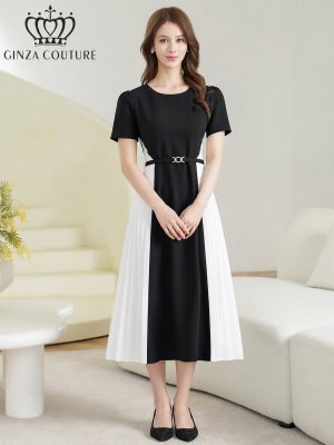 画像1: [送料無料][GINZA COUTURE]ブラック×ホワイト・バイカラー・半袖・ベルト付き・プリーツ・Aライン・ミディアムドレス・ワンピース[即日発送][大きいサイズあり]