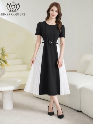 画像5: [送料無料][GINZA COUTURE]ブラック×ホワイト・バイカラー・半袖・ベルト付き・プリーツ・Aライン・ミディアムドレス・ワンピース[即日発送][大きいサイズあり]
