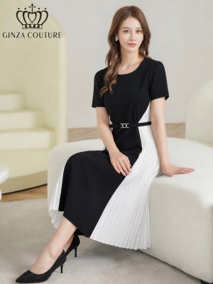 画像6: [送料無料][GINZA COUTURE]ブラック×ホワイト・バイカラー・半袖・ベルト付き・プリーツ・Aライン・ミディアムドレス・ワンピース[即日発送][大きいサイズあり]