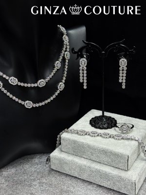 画像1: [アクセサリーセット]シルバー・ビジュー・スクエアカット・ストーン・ネックレス・ピアス・ブレスレット・リング・アクセサリーセット[即日発送]