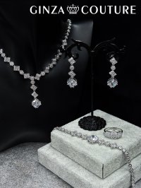 [アクセサリーセット]シルバー・ビジュー・スクエアカット・ストーン・ネックレス・ピアス・ブレスレット・リング・アクセサリーセット[即日発送]