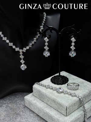 画像1: [アクセサリーセット]シルバー・ビジュー・スクエアカット・ストーン・ネックレス・ピアス・ブレスレット・リング・アクセサリーセット[即日発送]
