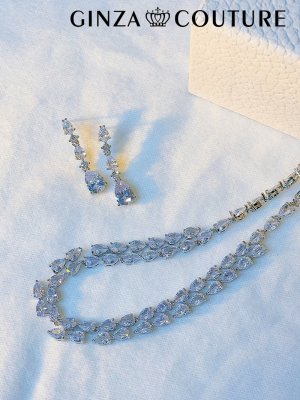 画像1: [アクセサリーセット]シルバー・ビジュー・ストーン・ネックレス・ピアス・アクセサリーセット[即日発送]