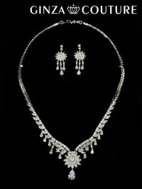 [アクセサリーセット]シルバー・ビジュー・ストーン・フラワーモチーフ・ネックレス・ピアス・アクセサリーセット[即日発送]