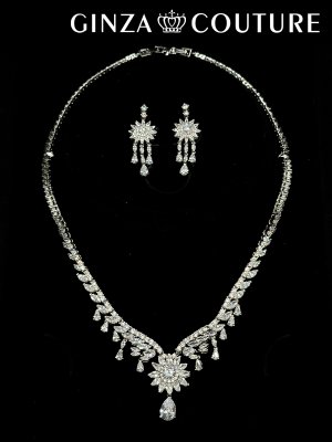 画像1: [アクセサリーセット]シルバー・ビジュー・ストーン・フラワーモチーフ・ネックレス・ピアス・アクセサリーセット[即日発送]