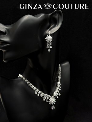 画像4: [アクセサリーセット]シルバー・ビジュー・ストーン・フラワーモチーフ・ネックレス・ピアス・アクセサリーセット[即日発送]