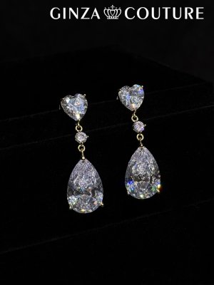 画像1: [ジュエリー][ピアス]ゴールド×クリア・ドロップストーン・ハート・スタッドピアス[即日発送]