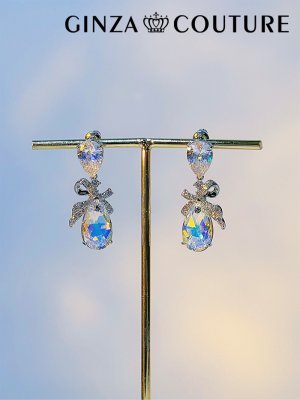 画像1: [ジュエリー][ピアス]シルバー・オーロラストーン・クリアストーン・ティアドロップ・リボン・スタッドピアス[即日発送]