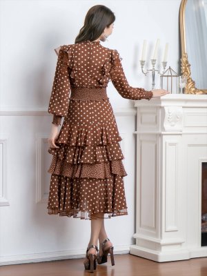 画像14: [送料無料][SETTAN]ブラック・レッド・ブラウン・ネイビー・ドット・フリル・ウエストゴム・美ライン・長袖・ミディアムドレス・ワンピース[即日発送][大きいサイズあり]