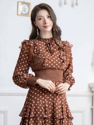 画像15: [送料無料][SETTAN]ブラック・レッド・ブラウン・ネイビー・ドット・フリル・ウエストゴム・美ライン・長袖・ミディアムドレス・ワンピース[即日発送][大きいサイズあり]