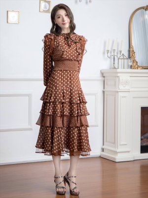 画像16: [送料無料][SETTAN]ブラック・レッド・ブラウン・ネイビー・ドット・フリル・ウエストゴム・美ライン・長袖・ミディアムドレス・ワンピース[即日発送][大きいサイズあり]