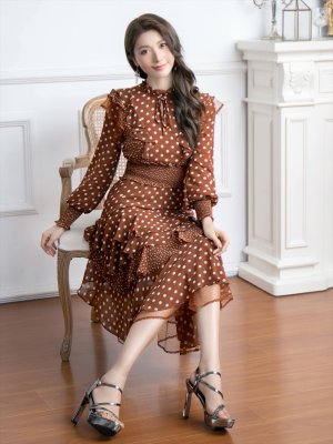 画像17: [送料無料][SETTAN]ブラック・レッド・ブラウン・ネイビー・ドット・フリル・ウエストゴム・美ライン・長袖・ミディアムドレス・ワンピース[即日発送][大きいサイズあり]