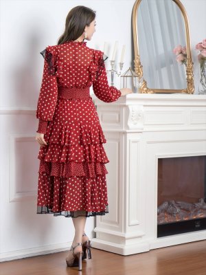 画像8: [送料無料][SETTAN]ブラック・レッド・ブラウン・ネイビー・ドット・フリル・ウエストゴム・美ライン・長袖・ミディアムドレス・ワンピース[即日発送][大きいサイズあり]