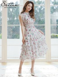 [送料無料][SETTAN]パープル×グリーン・花柄・プリント・シフォン・ティアード・フリル・プチハイネック・Aライン・ミディアムドレス・ワンピース[即日発送][大きいサイズあり]