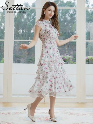 画像3: [送料無料][SETTAN]パープル×グリーン・花柄・プリント・シフォン・ティアード・フリル・プチハイネック・Aライン・ミディアムドレス・ワンピース[即日発送][大きいサイズあり]