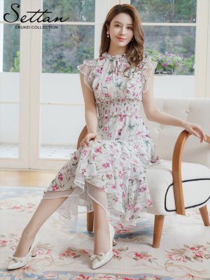 画像6: [送料無料][SETTAN]パープル×グリーン・花柄・プリント・シフォン・ティアード・フリル・プチハイネック・Aライン・ミディアムドレス・ワンピース[即日発送][大きいサイズあり]