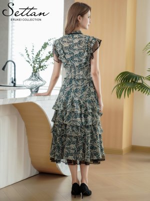 画像3: [送料無料][SETTAN]グリーン・ペイズリー柄・シフォン・フリルスリーブ・プチハイネック・ティアード・Aライン・ミディアムドレス・ワンピース[即日発送][大きいサイズあり]